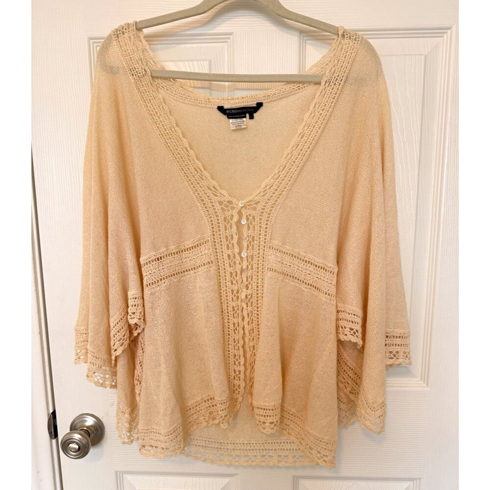 BCBGMAXAZRIA Y2K Women’s Beige Sheer Knit Crochet Lace V-Neck Top, Size L